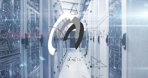Animation of uploading data roundel and maths calculations over computer server Stock Footage 326888697