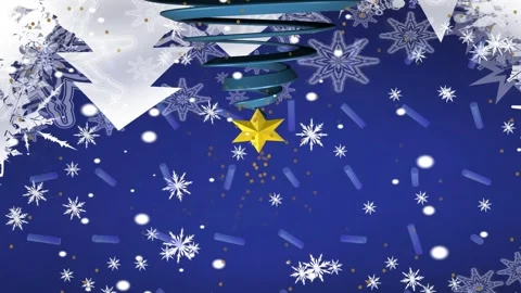 Animation of upside down christmas tree and vector snowflakes falling on blue 스톡 동영상 327641456