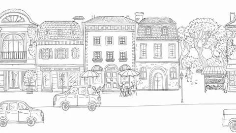 Animation urban street in city. On the road going cars and trucks. Stock Footage