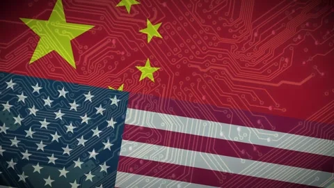 Animation of U.S. and China Flags on a Chip Symbolizing the Competition between Stock Footage 296816740