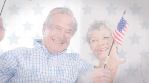 Animation of U.S. flag drawing over senior Caucasian couple holding and waving Vídeo Stock 130726725