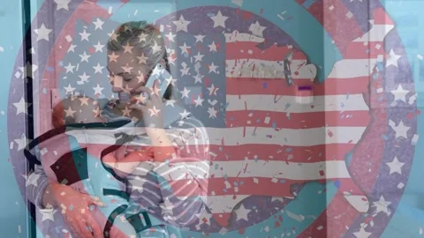 Animation of usa map with usa flag over caucasian mother using smartphone and Video stock 325836211