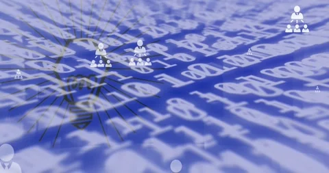 Animation of use icons, binary code, bulb and blue background Stock Footage 327584757