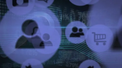 Animation of user and tech icons over financial data and data processing on navy Stock Footage 326875165