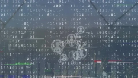 Animation of user icons, binary code, glitch and electricity poles Stock Footage 329291441