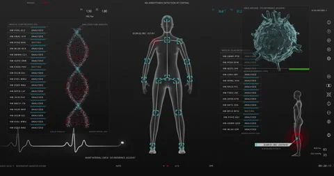 Animation of user interface HUD with body analysis and dna moving Stock Footage 194253543