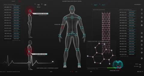 Animation of user interface HUD with body analysis and dna moving Stock Footage 194253899