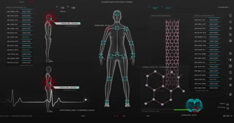 Animation of user interface HUD with body analysis and dna moving Stock Footage 194254289