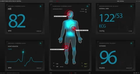 Animation of user interface HUD with body analysis and dna moving Stock Footage 194254574