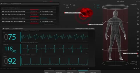 Animation of user interface HUD with body analysis and dna moving Stock Footage 194255610