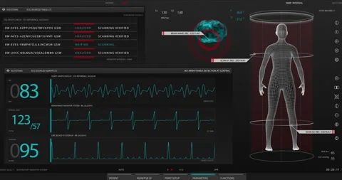 Animation of user interface HUD with body analysis and dna moving Stock Footage 194255673