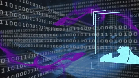 Animation of user photos, binary code and waves in navy digital space Stock Footage 328254417