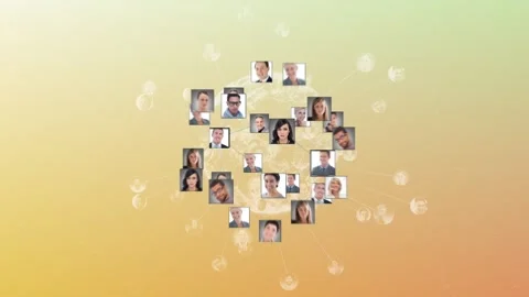 Animation of user photos, data processing and globe on yellow background Video stock 328407069