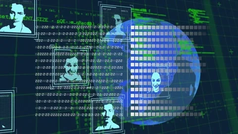 Animation of user photos, data processing and globe rotating on black background Stock Footage 330583475