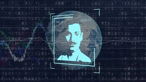 Animation of user photos, graphs, binary code and globe on navy background Stock Footage 329030533