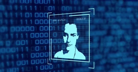 Animation of user profiles scanning against binary codes on digital interface Stock Footage 202635218
