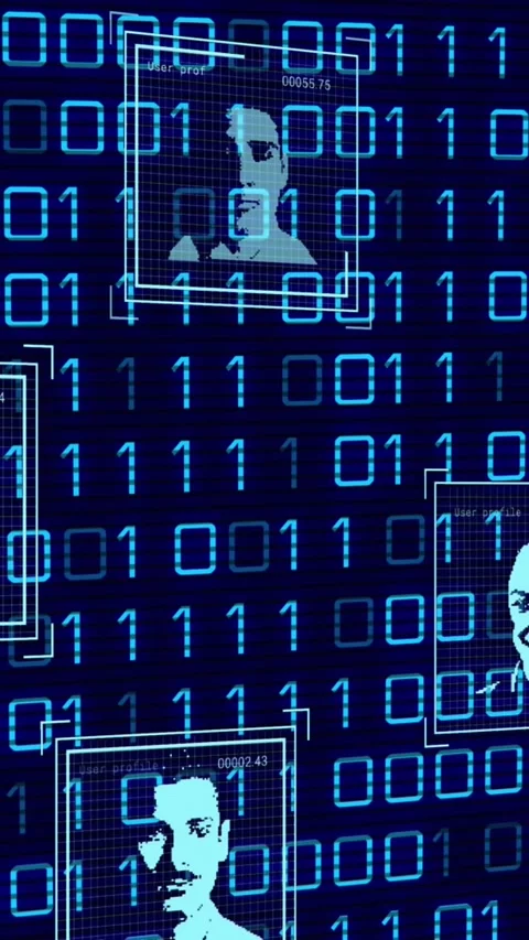 Animation of user profiles scanning against binary codes on digital interface Stock Footage 322560941