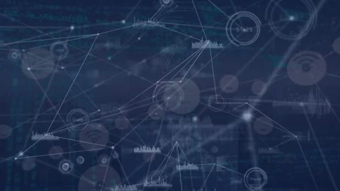 Animation of various computer icons interconnecting with lines over programming Stock Footage 328931437