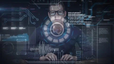 Animation of various digital patterns over caucasian computer expert working Stock Footage 329126696