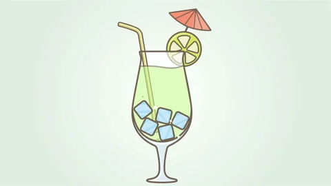 Animation Vector. Cocktail with ice lemon umbrella and straw. Flat design. Stock Footage 87803061