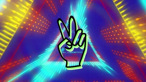 Animation of vector peace hand moving between illuminated colorful triangular Stock Footage 328931428