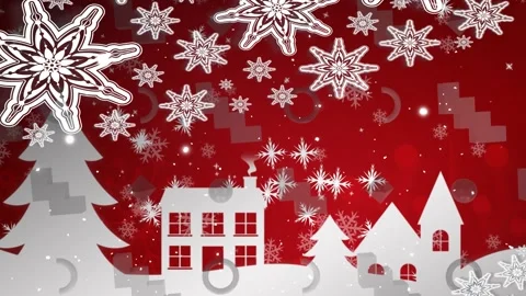 Animation of vector snowflakes falling on houses and christmas tree 스톡 동영상 329695870