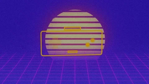 Animation of vector video game controller over moving grid pattern against sun Stock Footage 205588945