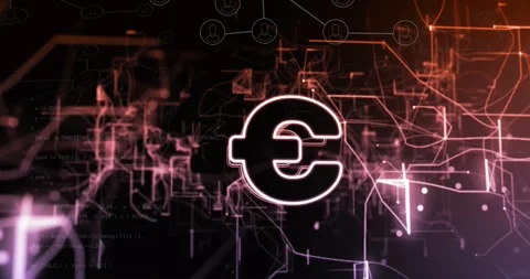 Animation of vhs effect over euro symbol against data processing and glowing Stock Footage 329565226