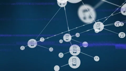 Animation of vhs glitch effect over network of digital icons against blue Stock Footage 326102572