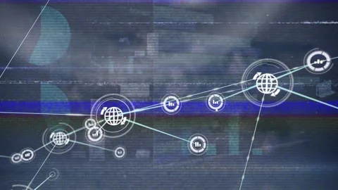 Animation of vhs glitch effect over network of digital icons against screens Stock Footage 327961053