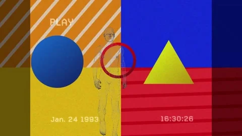 Animation of vhs glitch effect over colorful abstract shapes against human body Stock Footage 328010278