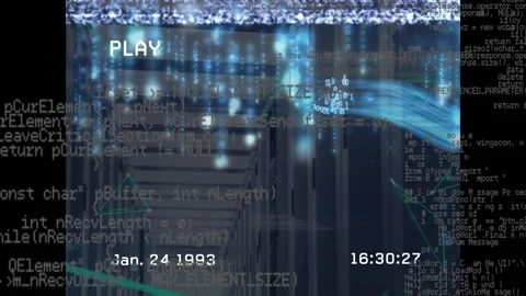 Animation of vhs glitch effect over data processing and light trails against Stock Footage 329124836
