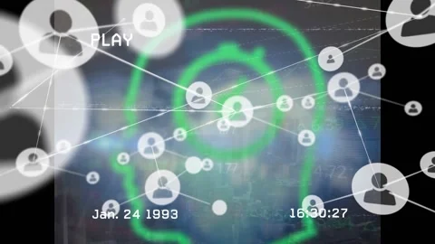 Animation of vhs glitch effect over network of profile icons against human head Stock Footage 329289154