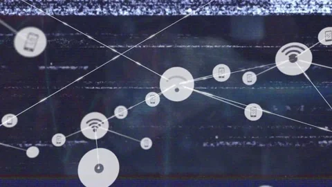 Animation of vhs glitch effect over network of digital icons and data processing Stock Footage 329706877