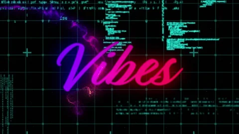Animation of vibes neon text with data processing on black background Video stock 328311476