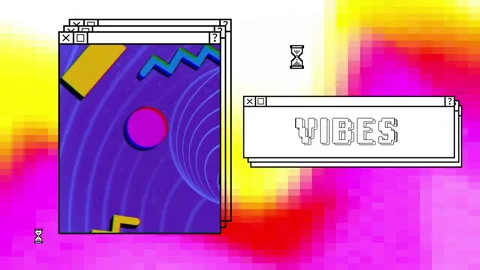 Animation of vibes text and computer window screens with neon pattern Stock Footage 265566411