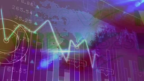 Animation of vibes text over data processing with world map on black background Stock Footage 329368563