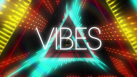 Animation of vibes text over multicolored glowing triangular looping tunnel Stock Footage 329368166
