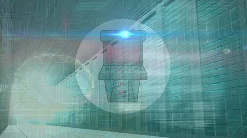 Animation of video game, binary coding, data processing over glowing computer Stock Footage 170949357