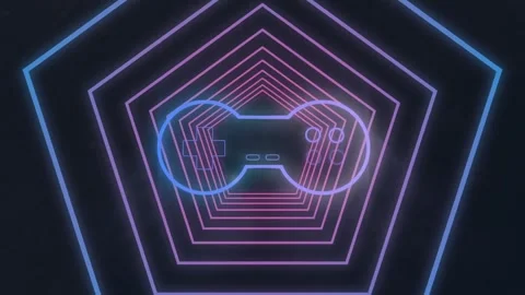 Animation of video game controller icon on pentagon tunnel in seamless pattern Stock Footage 253471223