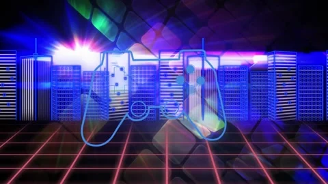 Animation of video game controller icon against 3d cityscape over grid network Stock Footage 328239902