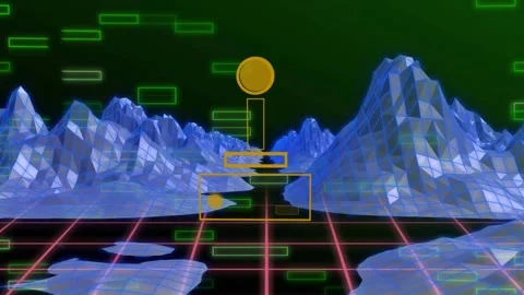 Animation of video game controller icon over metaverse structures against green Stock Footage 329123544