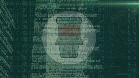 Animation of video game icon, binary coding, data processing over glowing Stock Footage 170949291
