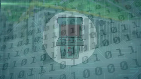 Animation of video game icon, binary coding, data processing over glowing Stock Footage 170949430