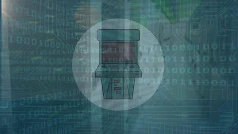 Animation of video game icon, binary coding, data processing over glowing Stock Footage 170949445