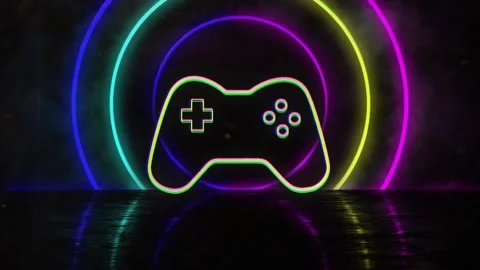 Animation of video game pad over neon circles pattern background Stock Footage 328595468