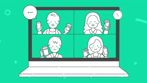 Animation video material of online drinking party. laptop. Green background. 動画素材 150481162