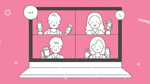 Animation video material of online drinking party. laptop. Pink background. Видео 150481357