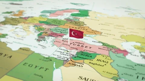 Animation video of Turkey on the map and approaching its flag. Video stock 168414699