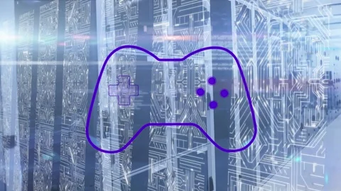 Animation of videogame controller icon and microprocessor connections against Vidéo 329126656
